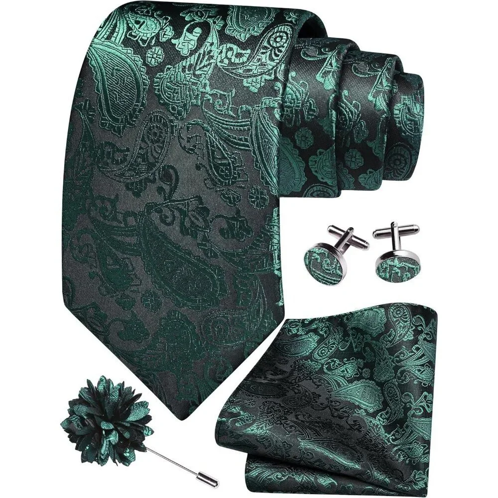 Men's Dark Green 1 Paisley Tie And Lapel Pin Necktie Hankerchief Cufflinks Set
